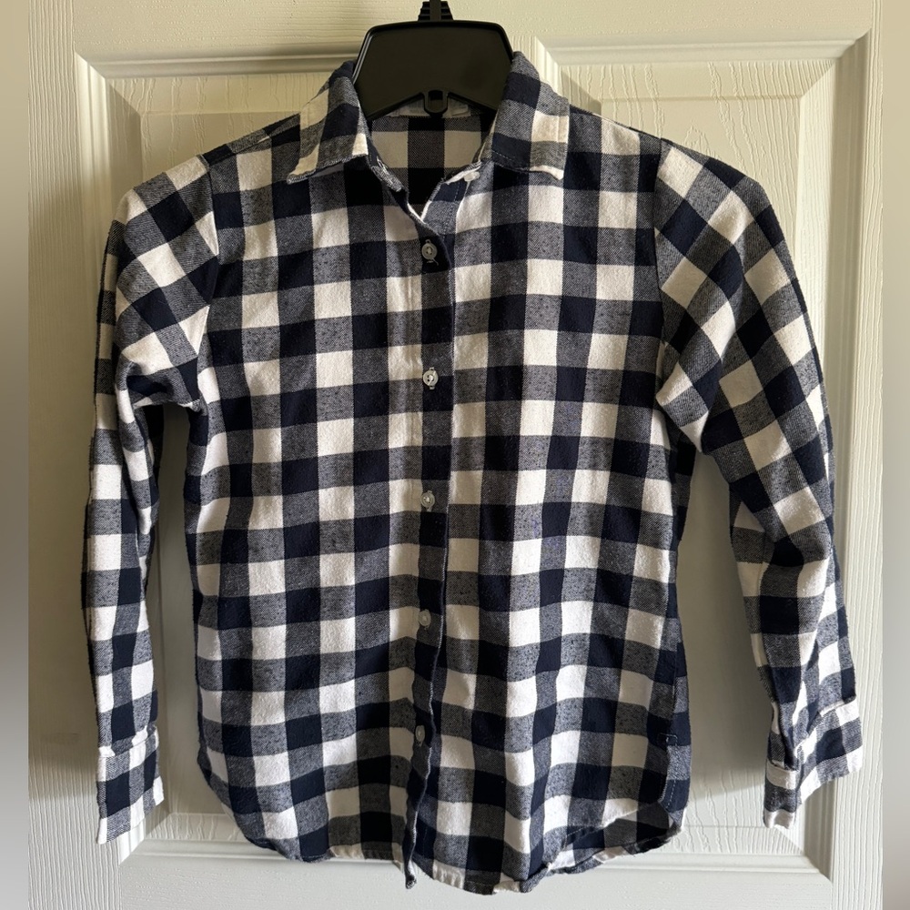 Mini Moca Girls Size 10 Buffalo Plaid Flannel Button Up Shirt Navy Blue & White